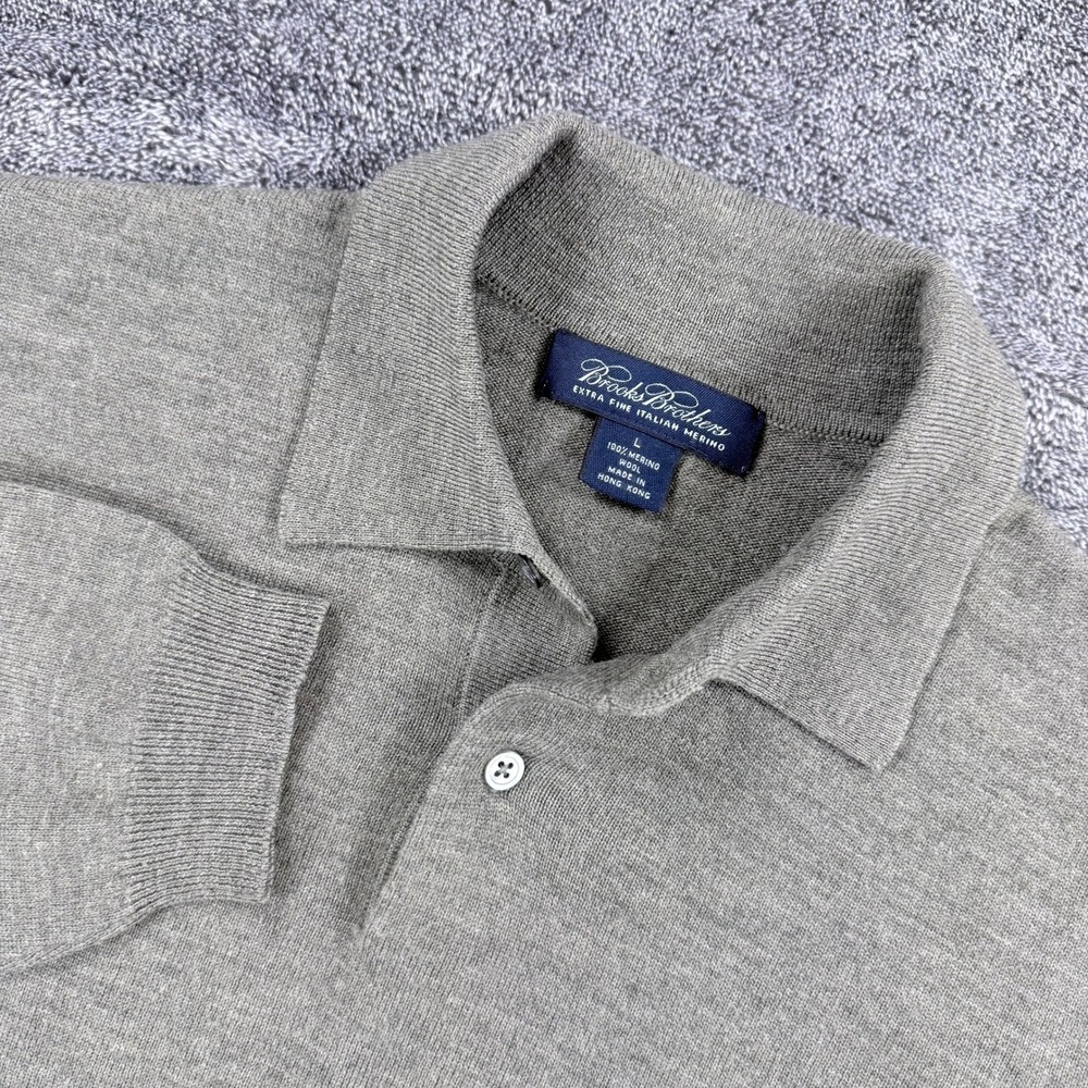 Brooks Brothers Extra Fine Italian Merino Wool Polo Sweater Grey Mens Large